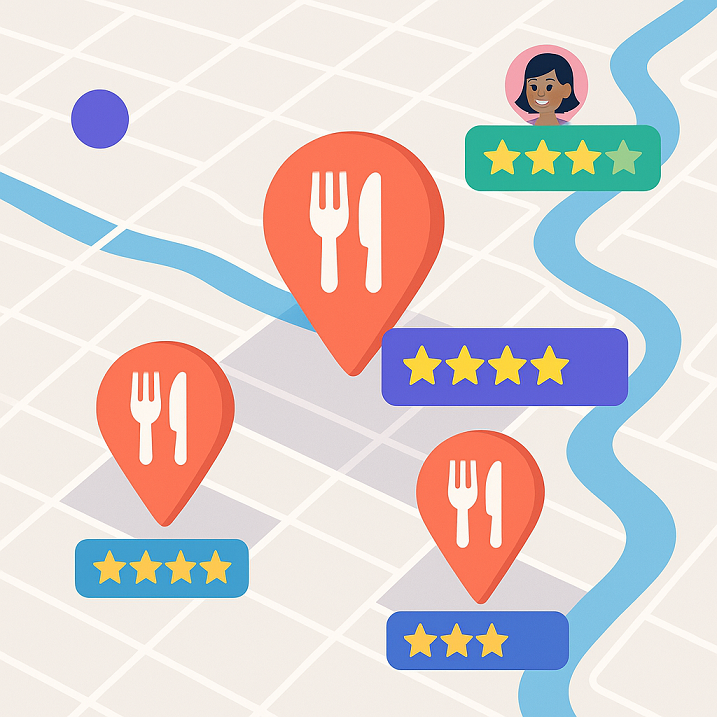 City map with restaurant pins and rating stars
