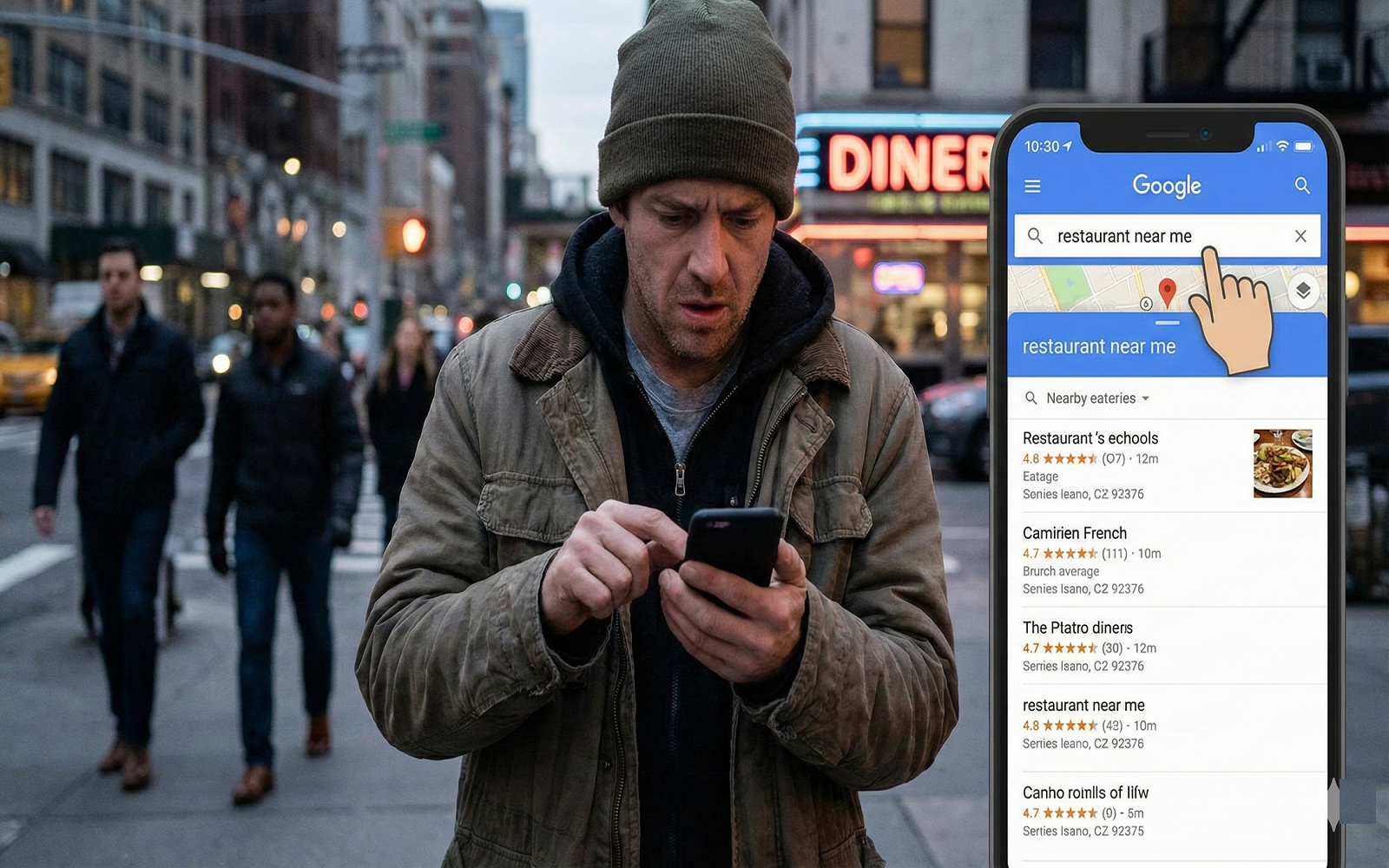 Restaurant map visibility dashboard with pins and rankings